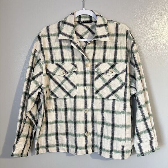 Zara Plaid Overshirt Shacket Oversized S Cream Green Button Front Jacket - Picture 1 of 8